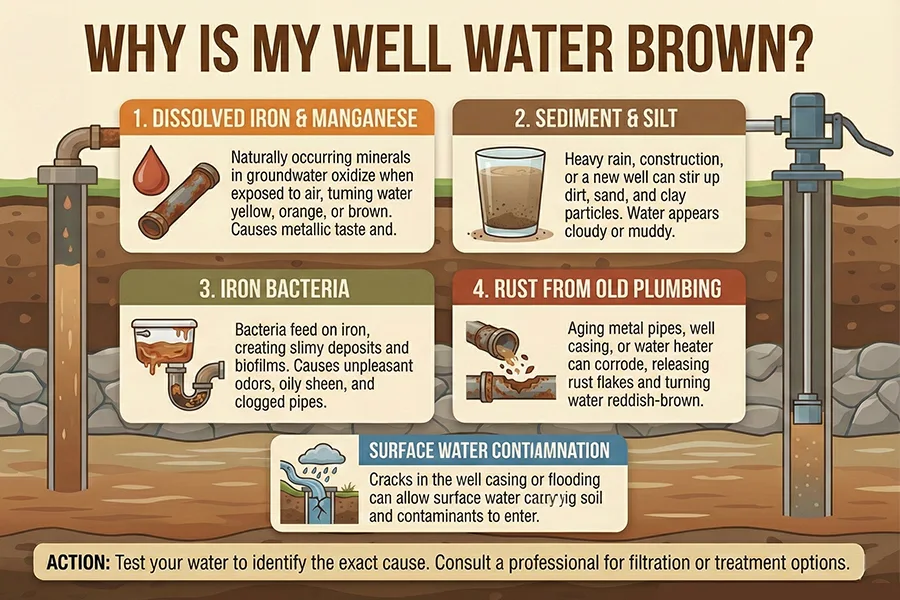 Brown well water flowing from a household faucet