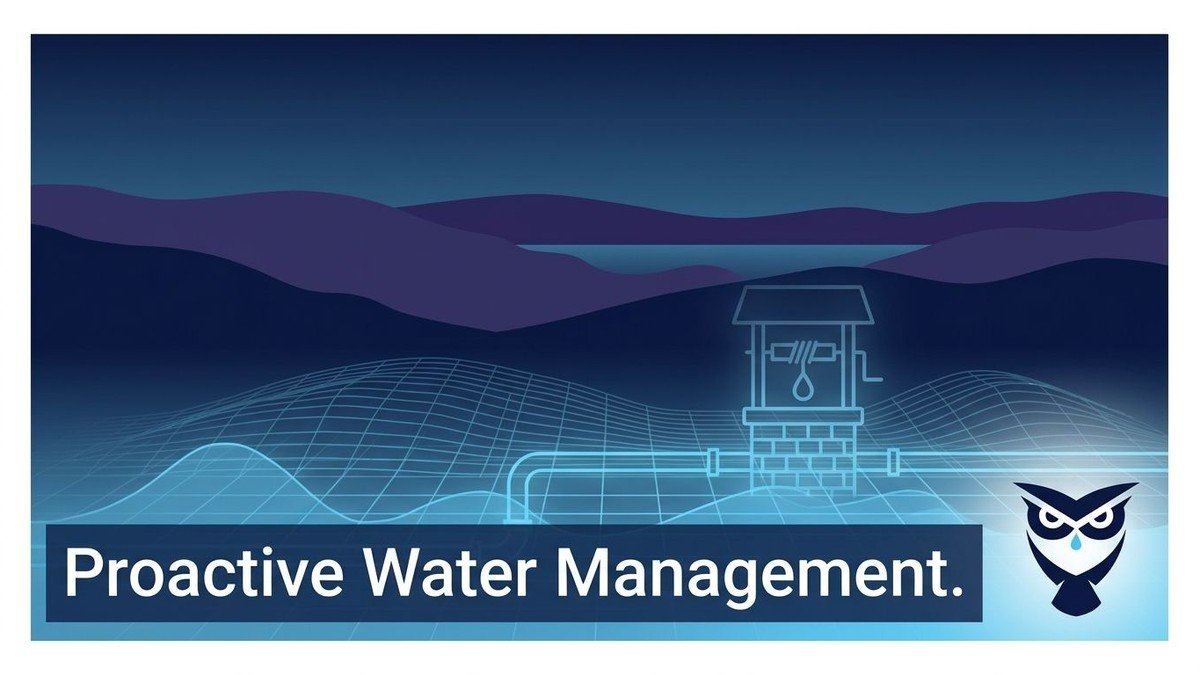 Digital illustration of a water well with pipes, a lake, hills, and a grid overlay.