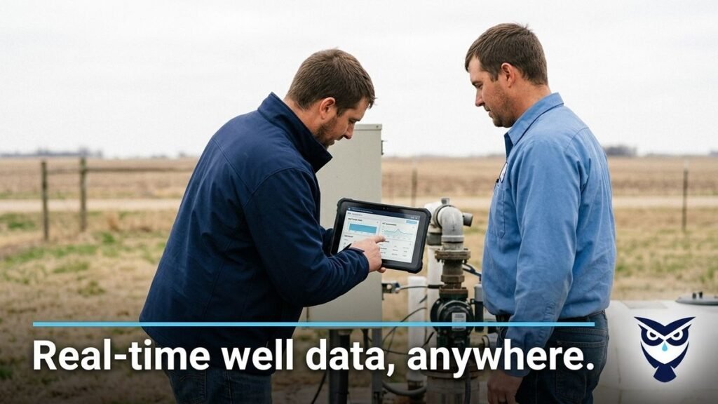 Two men in a rural field, one pointing at a tablet displaying graphs and data for rural water systems.
