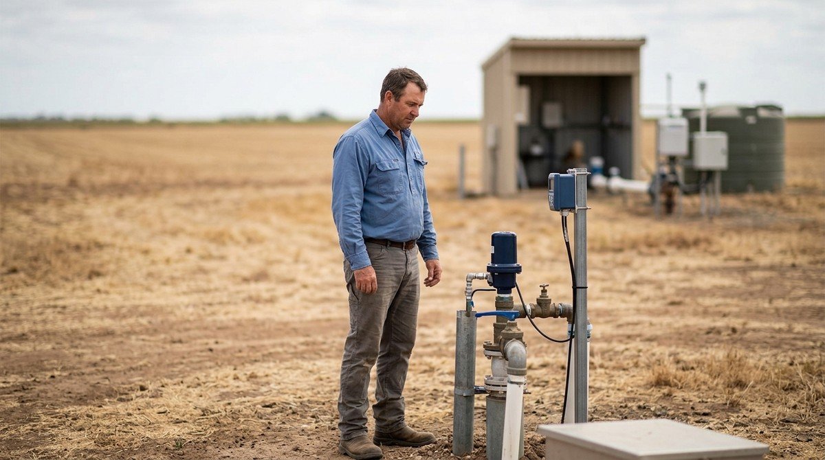 A man in a field monitors groundwater equipment, with a shed and water tank in the background.