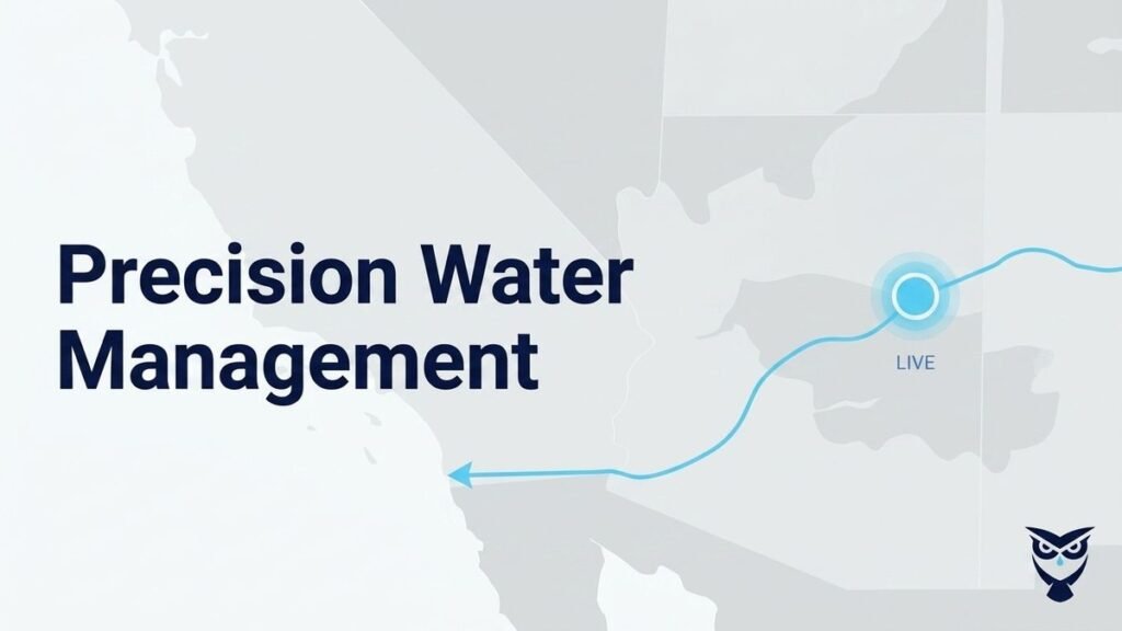 A map of the Western US with "Precision Water Management" text and a blue line showing water flow.