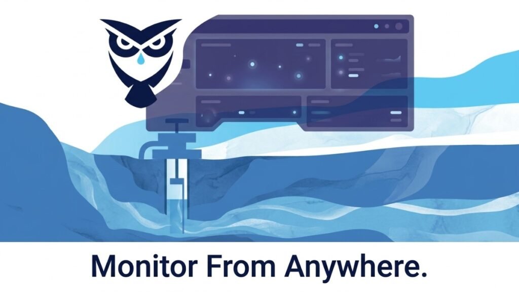Owl logo with a water drop, a water well, and a data dashboard over blue groundwater. "Monitor From Anywhere.