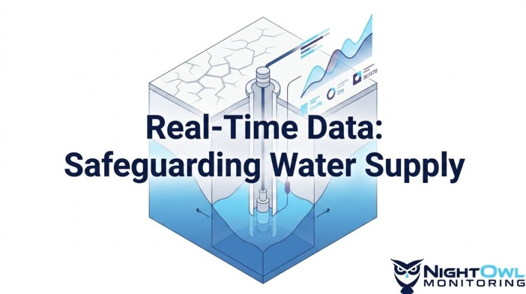 Isometric illustration of a well monitoring system with a pump, water level, and data graphs.