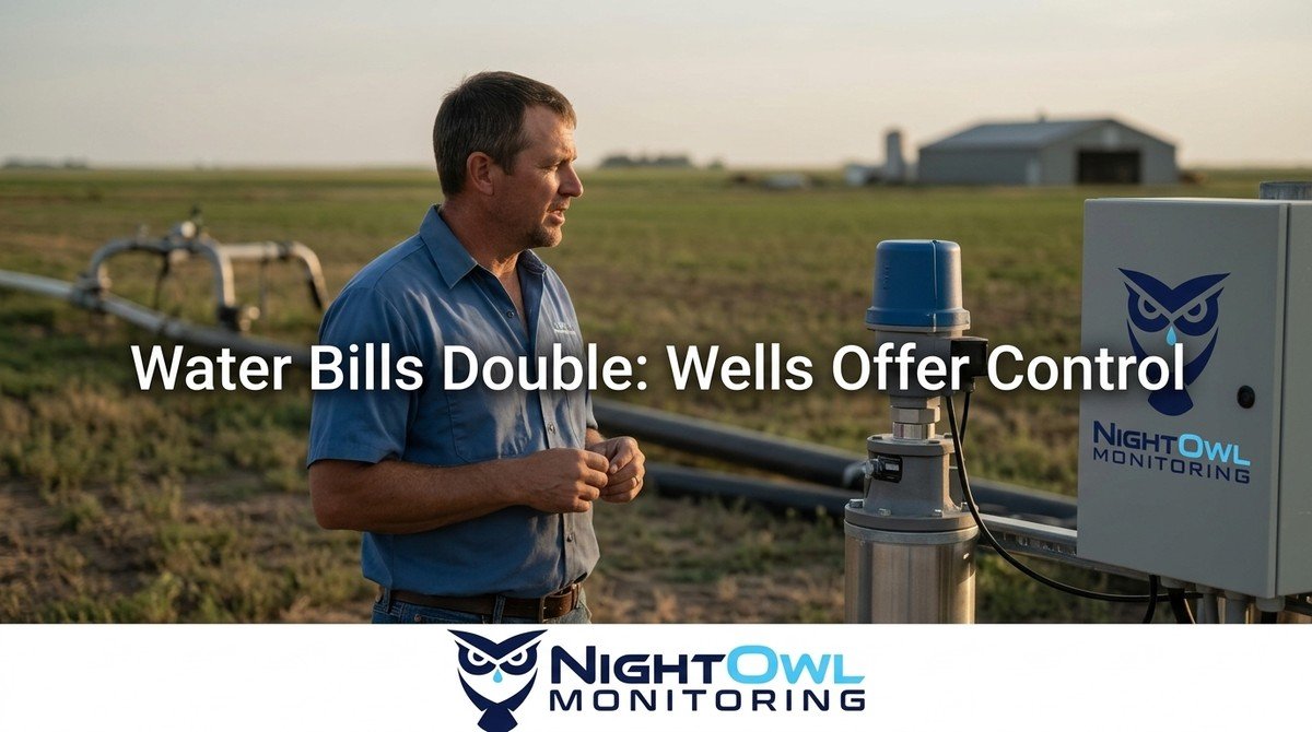 A farmer stands next to private well monitoring equipment in a field with irrigation pipes and a barn.
