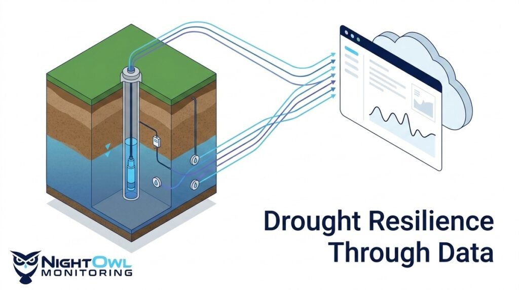 An isometric diagram shows groundwater data monitoring from a well to a cloud-connected dashboard.