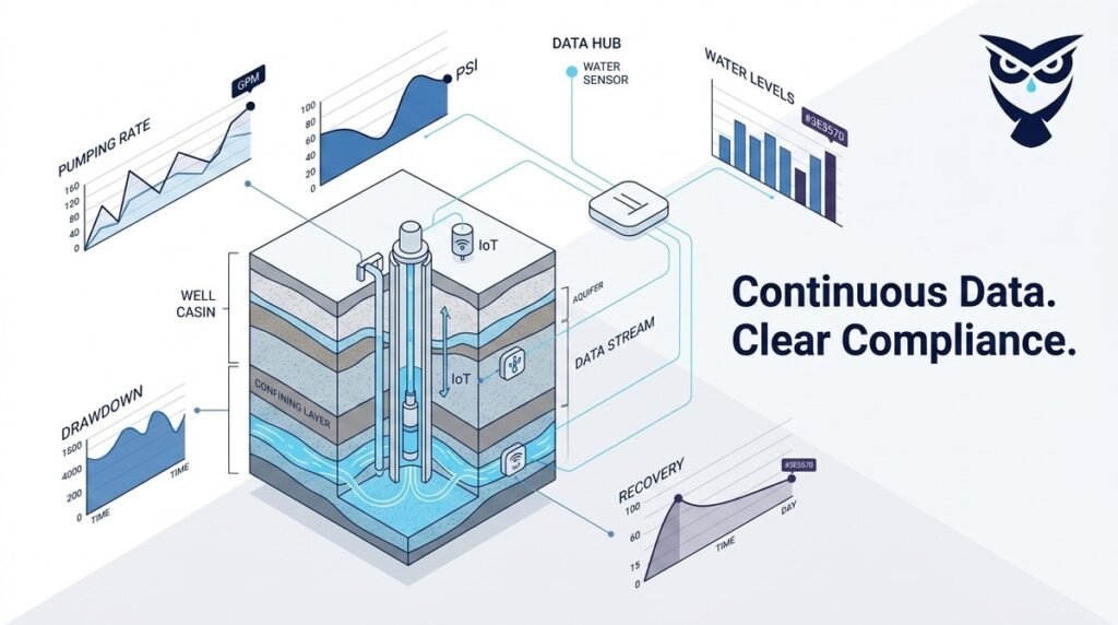 Diagram of a well casing and aquifer with IoT sensors, connected to a data hub and various data charts.