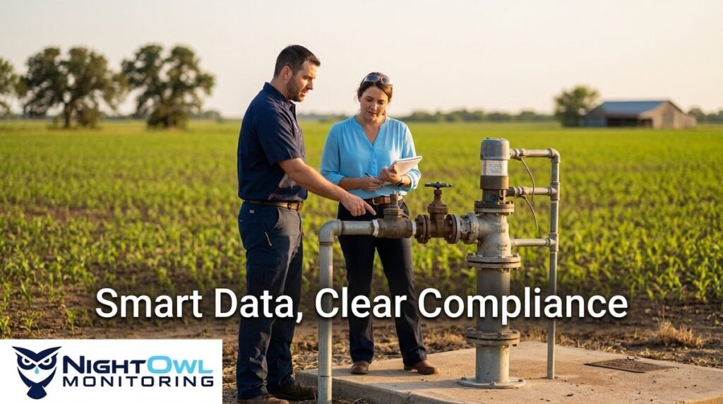 Two people inspect a wellhead in a green field with trees and a barn in the background.