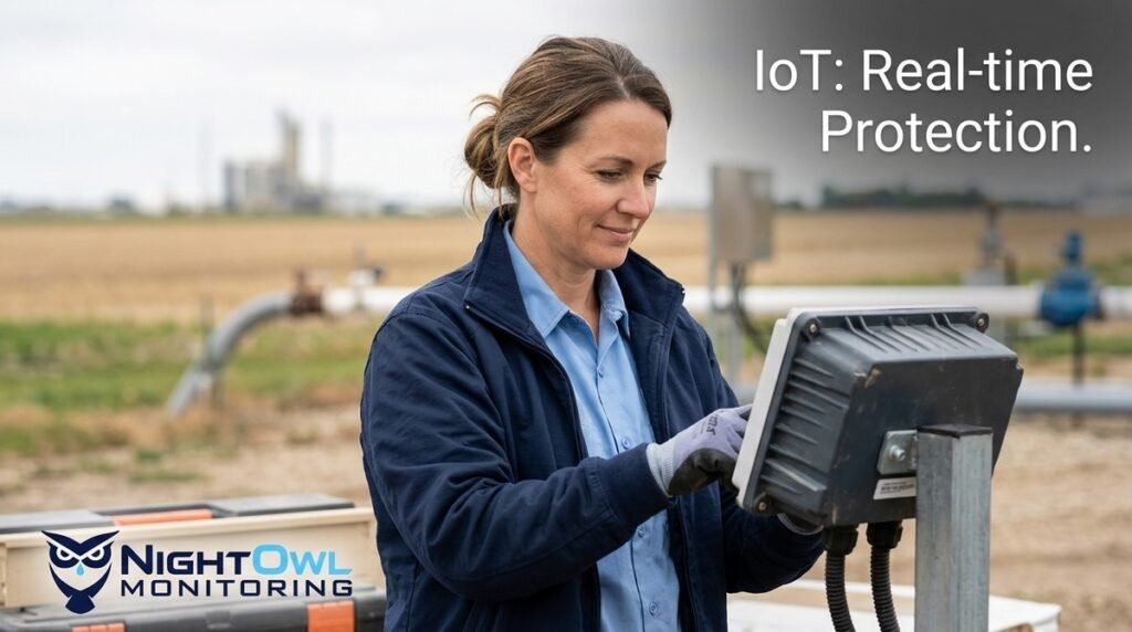 A woman in a blue jacket and gloves operates an industrial control panel in a field with pipes and a factory.