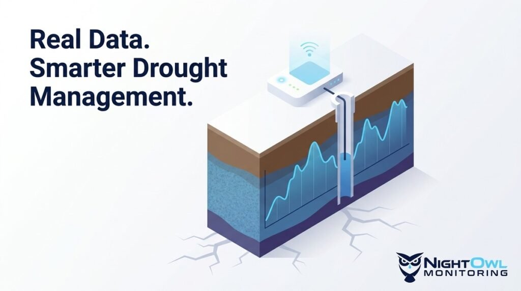 Isometric illustration of groundwater drought management: a well monitors underground water levels, connected to a Wi-Fi devi