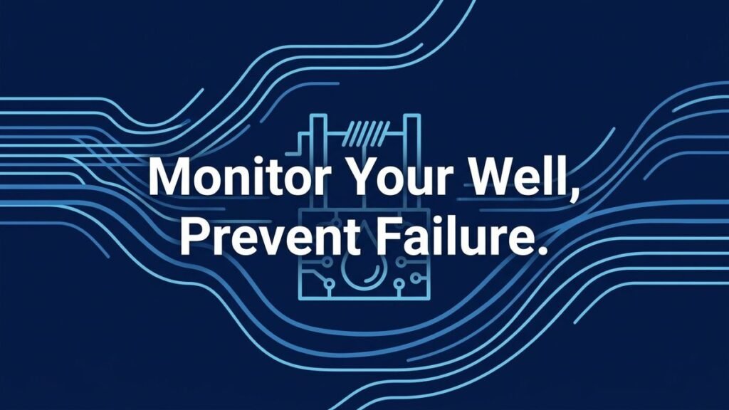 Monitor Your Well, Prevent Failure." text over a dark blue background with light blue wavy lines and a well pump icon.