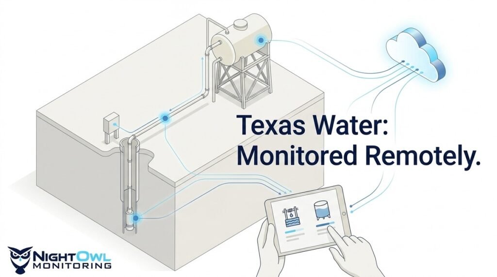 Diagram of Texas remote monitoring for water well, tank, and cloud data viewed on a tablet.