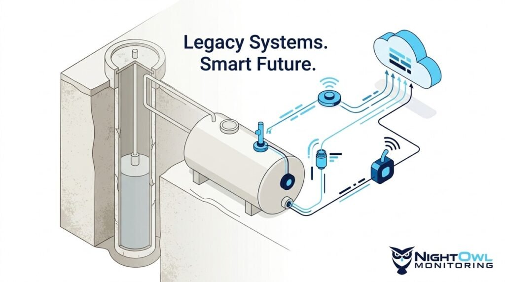 Illustration of retrofitting legacy water systems with IoT sensors, connecting a well and tank to a cloud.