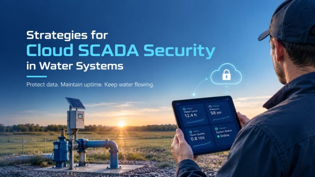 Two men in work shirts review cloud SCADA security data on a tablet in a water treatment facility.
