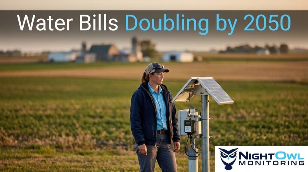 A woman stands next to a private well monitoring system with a solar panel in a field.