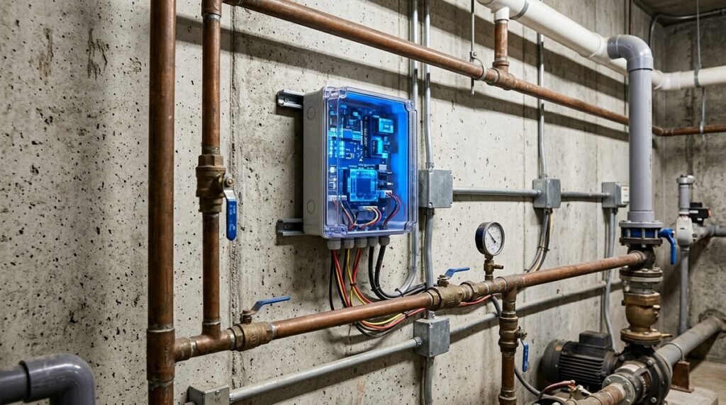 A concrete wall with copper and PVC pipes, a glowing blue control box, and a pressure gauge.