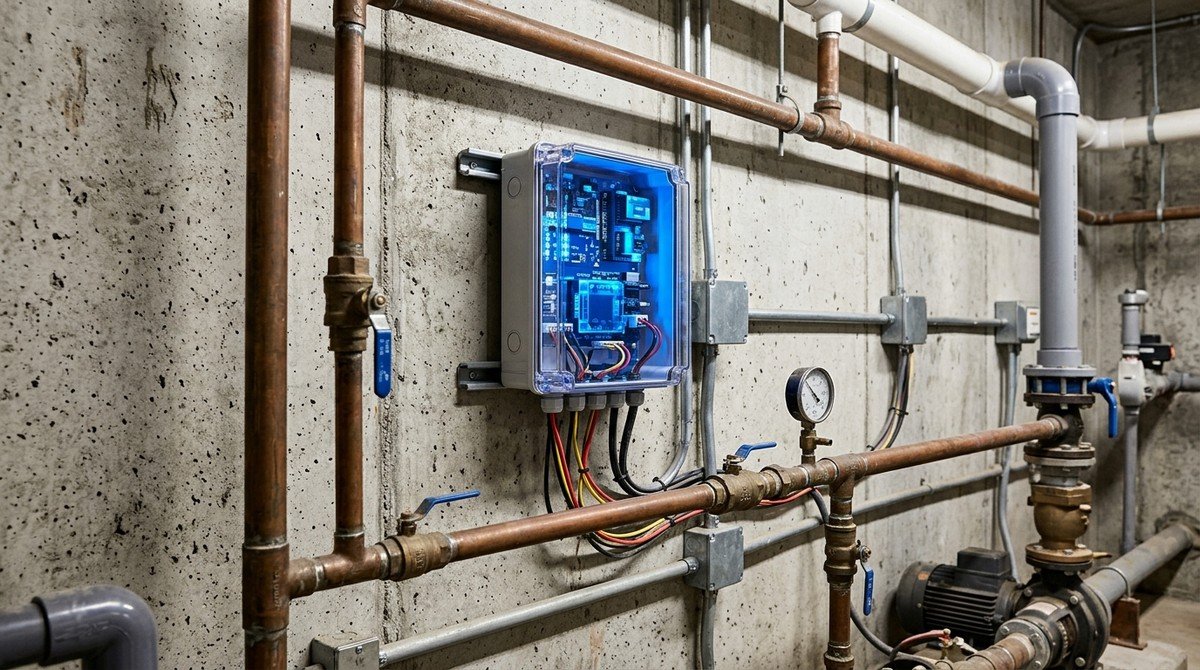 A concrete wall with copper and PVC pipes, a glowing blue control box, and a pressure gauge.