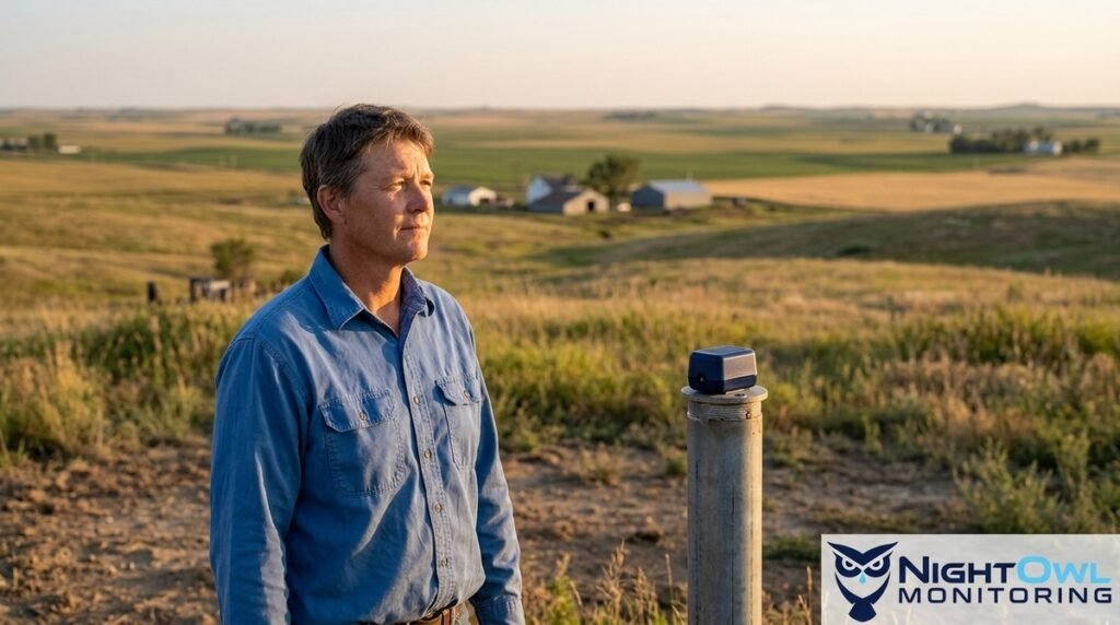 A man in a blue shirt stands next to a private well monitoring device in a rural field at sunset.