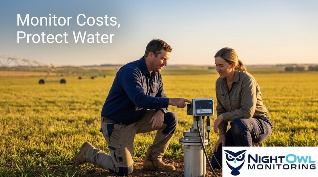 Two people kneeling in a field, inspecting a water level monitoring device with irrigation in the background.