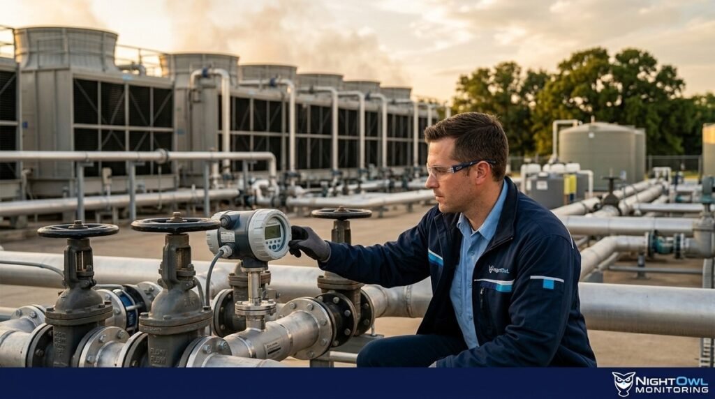 A technician in safety glasses adjusts a flow meter on pipes, with cooling towers and tanks in the background.