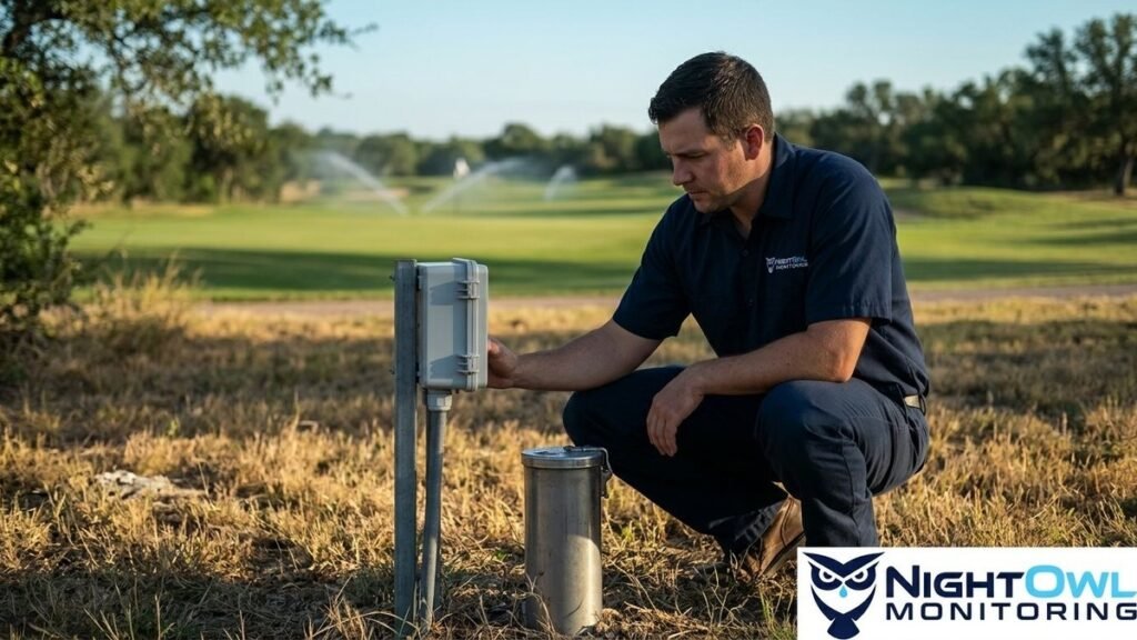 A man in a navy shirt crouches, adjusting a gray monitoring well data box on a pole in a dry field.