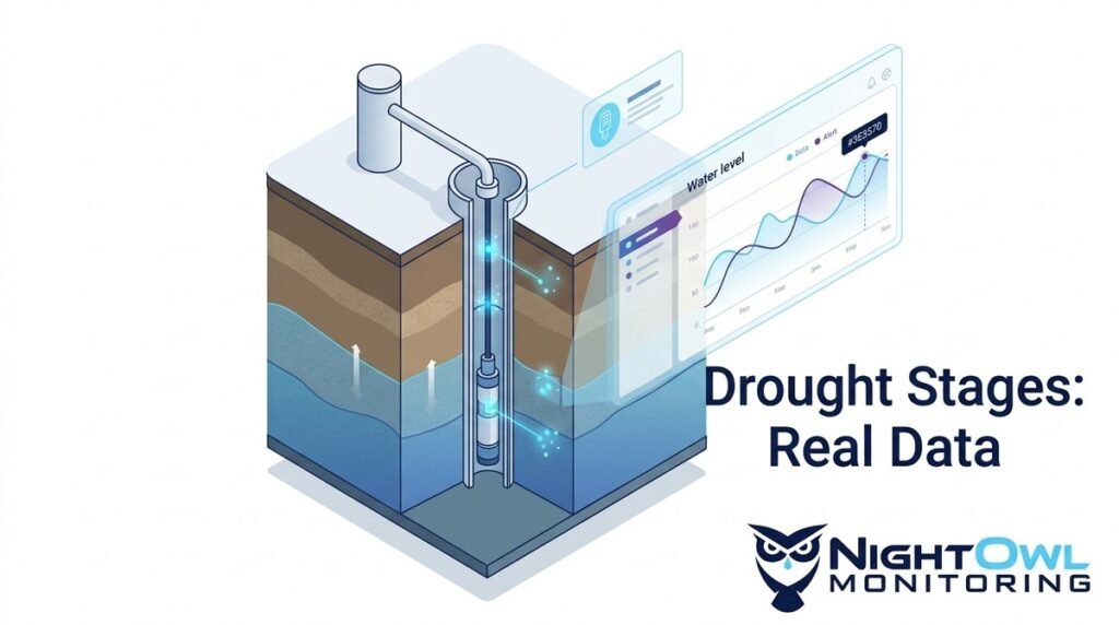 An isometric diagram shows groundwater district monitoring with a well, aquifer layers, and a digital water level graph.