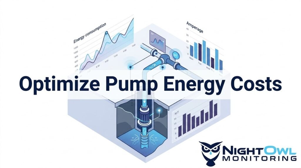 Diagram of a pump system with pipes, graphs showing energy consumption and amperage, and the text "Optimize Pump Energy Costs