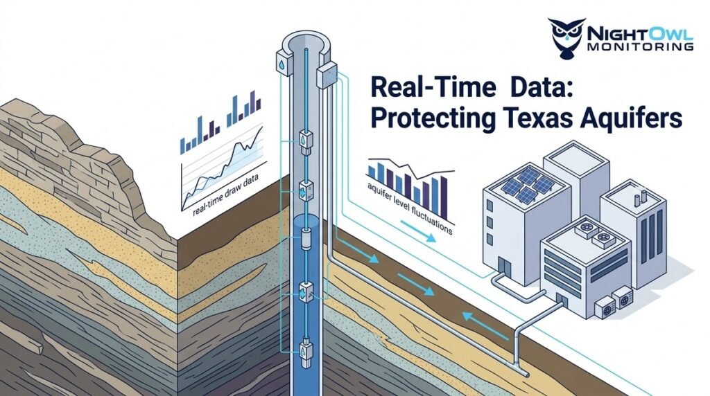 Diagram of a well drawing water from an aquifer to buildings, with real-time data graphs.