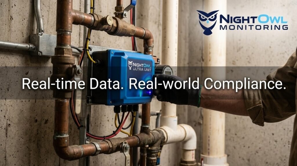 A gloved hand touches a blue NightOwl Ultra Unit monitoring device connected to copper pipes.