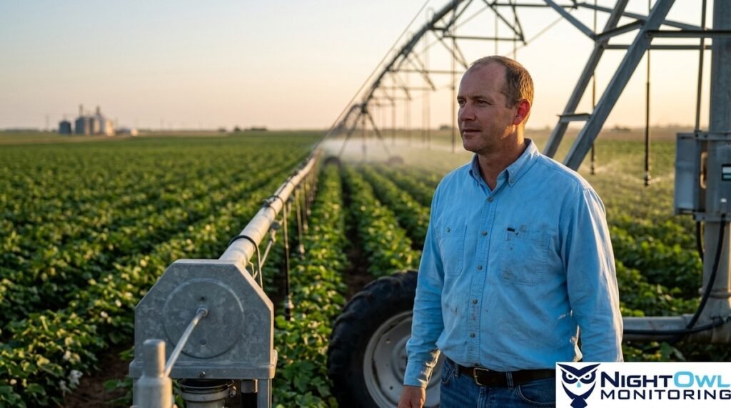 A farmer in a blue shirt stands in a field of green crops with a center pivot irrigation system.