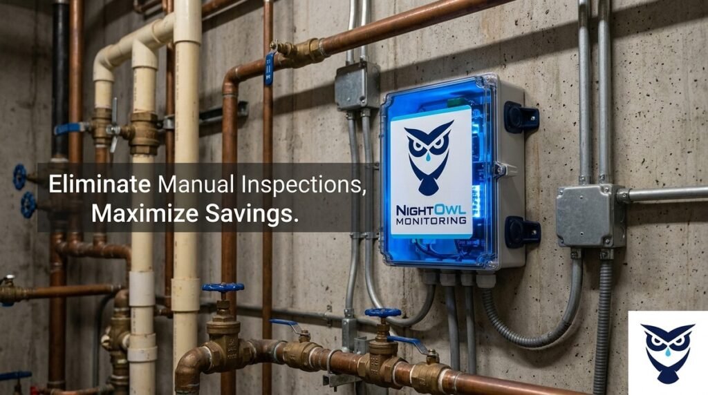 A NightOwl Monitoring device glows blue, mounted on a concrete wall amidst copper and PVC pipes and valves.