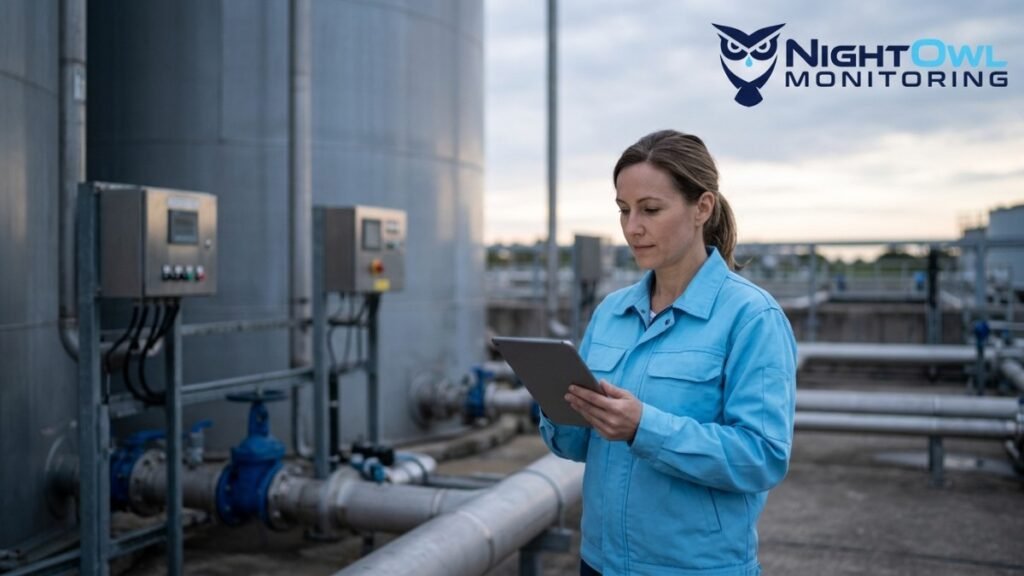 Groundwater Level Monitoring tech in light blue workwear uses a tablet at a work site.
